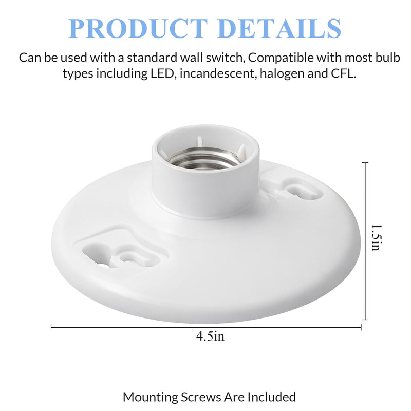 4 Pcs Medium Base E26 Lampholder Keyless Top Lamp Holder Ceiling Light Sockets White Phenolic Bulb Socket Incandescent Fluorescent CFL Lampholder 660w 250v 4
