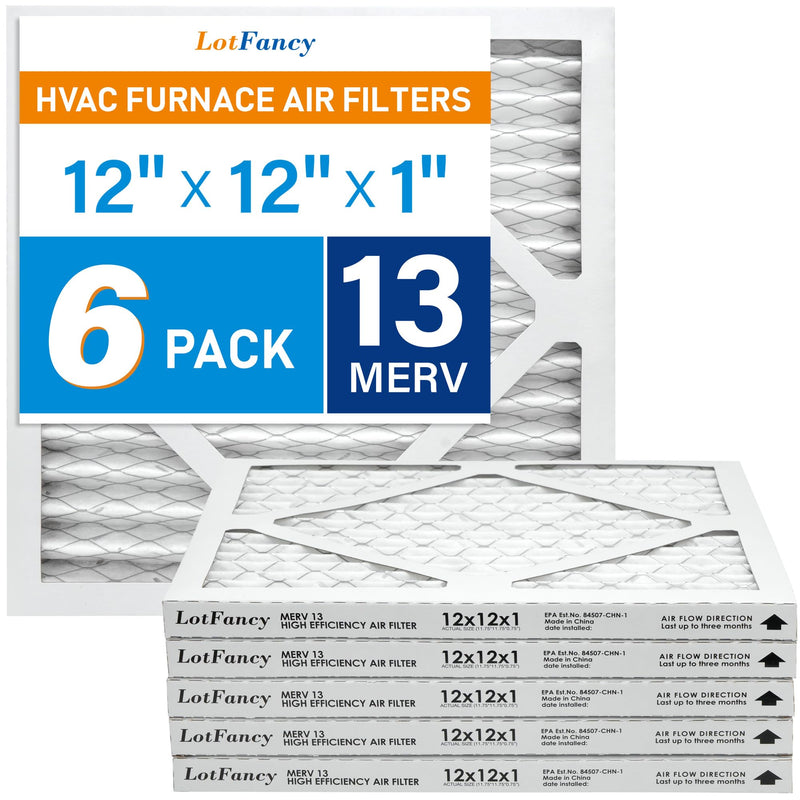 LotFancy 12x12x1 Air Filter MERV 13 6-Pack, Electrostatic Pleated HVAC Furnace Air Filter, Captures Pet Dander Smog Smoke, Actual Size: 11.75"x11.75"x0.75"