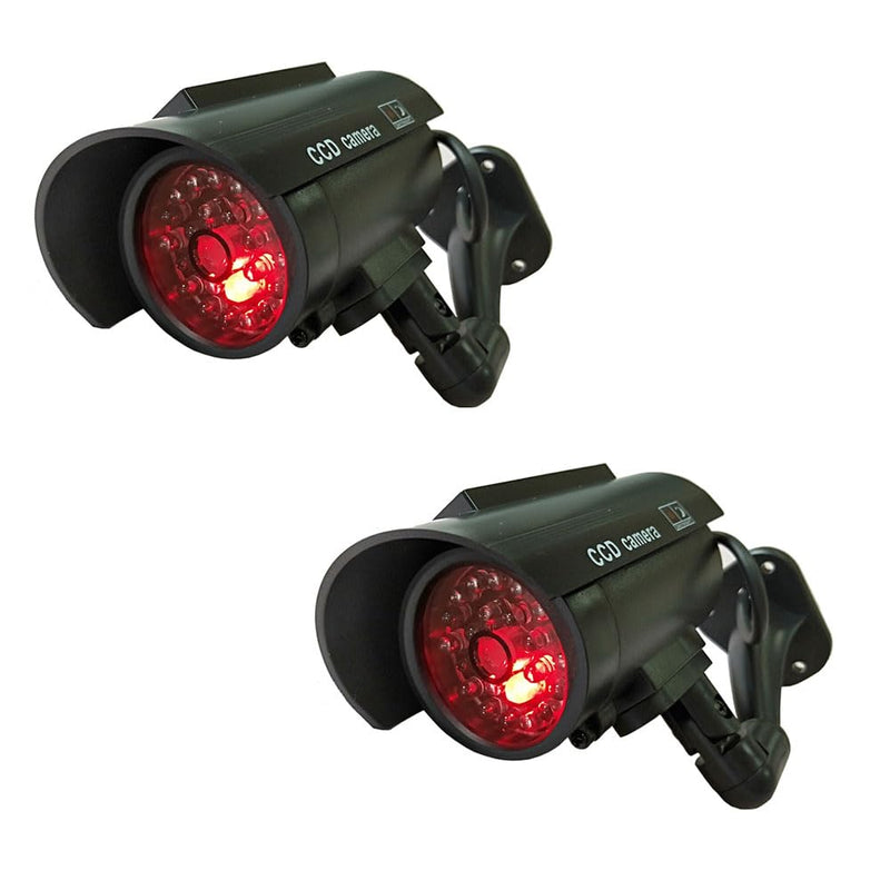 Solar Powered Dummy Fake Security Camera Bullet CCTV Surveillance with Simulated LED Realistic Red Flashing Light and Security Warning Sticker Decal Indoor Outdoor, 2 Pack