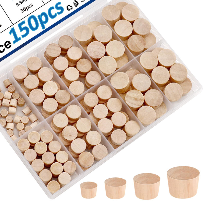 smseace 150Pcs 4-Sizes Wood Plugs 3/16" 5/16"，3/8"，1/2" Wooden Hole Plugs for Holes in Furniture/Table and Chair Legs/Cabinet Reserved Holes/Outdoor Equipment Wood Plugs Assortment Kit Round Wood Plugs
