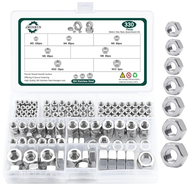 Metric Hex Nuts Assortment Kit, 330 PCS 304 (A2-70) Stainless Steel Assorted Hardware Nuts Sets, 7 Sizes-M3 M4 M5 M6 M8 M10 M12 Metric 330PCS