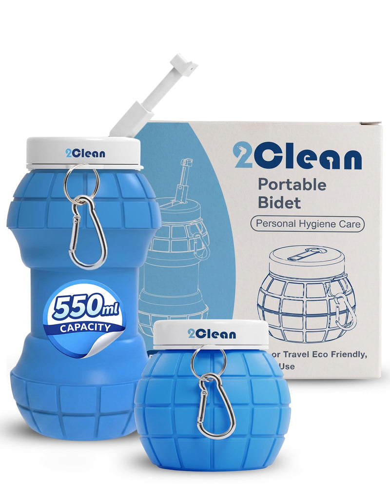 2Clean Portable Bidet Travel Handheld Compact - Collapsible & Expandable Sprayer for Women, Pressure Camp Size Companion, Handy Toilet Hygiene Water Spray, Personal Held Cleansing Tool - 550ml (Blue) Blue