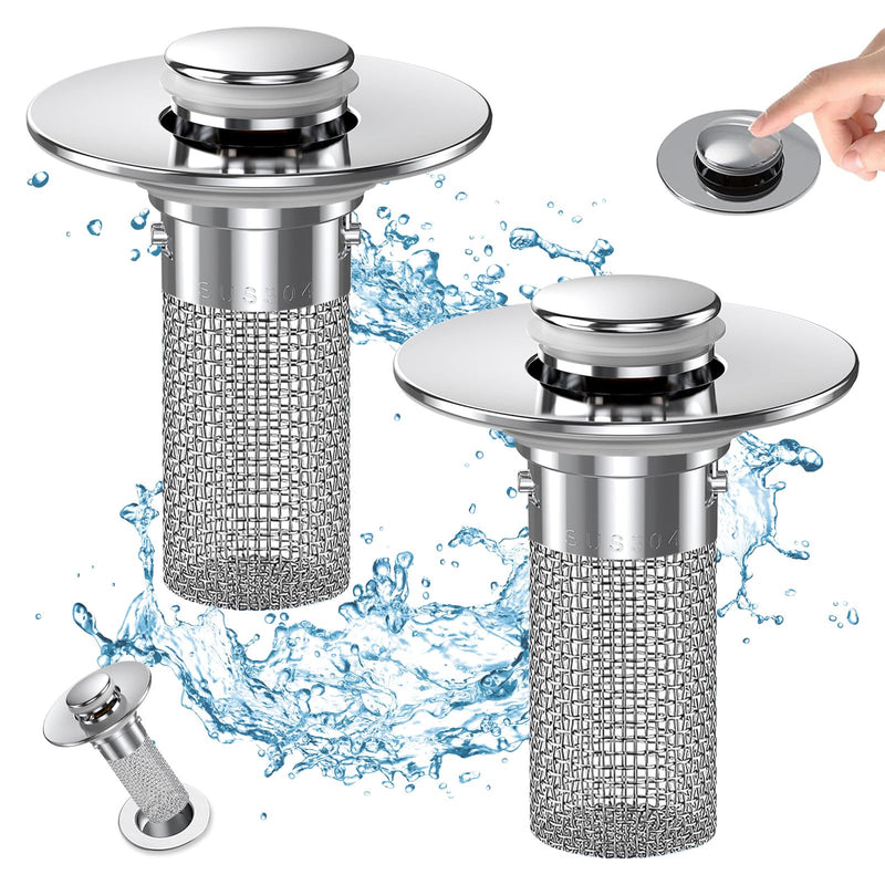 Bathroom Sink Drain Strainer, Pop Up Sink Drain Filter with Removable Stainless Steel Filter Basket Hair Catcher, Bathroom Sink Drain Stopper, for Us Bathroom Sink Stopper Replacement (2pcs) 2pcs