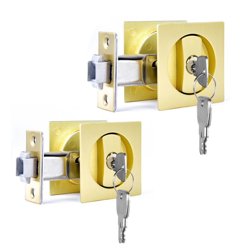 Dontay 2 Pack Pocket Door Lock with Key, Contemporary Entrance Sliding Barn Door Lock Latch, Recessed 2 Sided, 2 3/8" Backset, Flush Handles Hardware (Excluding Edge Pull, Satin Brass, Square)