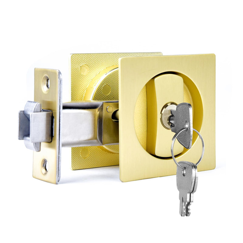 Dontay Keyed Pocket Door Lock,Flush Mount Recessed Knob,2-3/8 inch Backset,Square Bed Bath Hardware Fit Sliding Barn Interior Door Thickness 1-3/8 to 2-3/16 inch(Satin Brass,1) Satin Brass