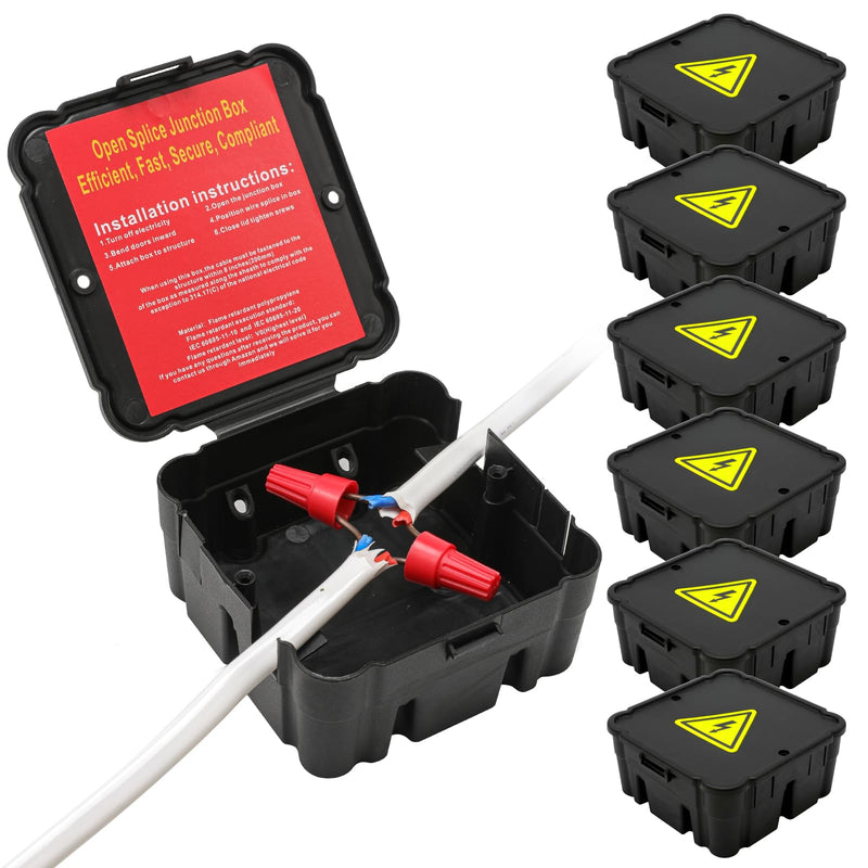 Open Splice Junction Box (6 Pack), One-Piece Junction Box Splice Box. Repair Open Splices, 5 Second Installation Splice Box, Electrical Junction Box, Wire Junction Box 6