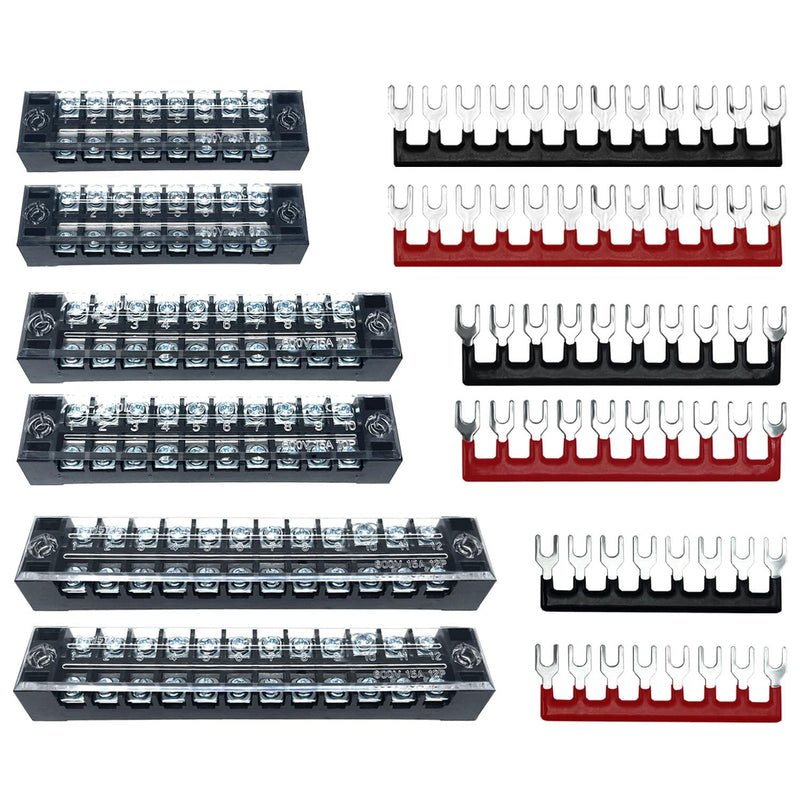6 Sets 8/10/12 Positions 600V 15A Terminal Blocks Ground Circuit Dual Row Bus Bar Wire Screw Terminal Block Kit with Cover 600V Pre Insulated Terminal Strip WW004-15081012 15A 8P+10P+12P