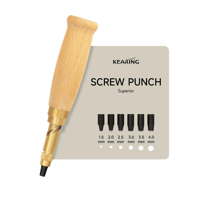 KEARING Wooden Screw Punch - 6 Sizes Adjustable Leather & Paper Hole Punch | Automatic press-down hole punch for bookbinding and leathercraft. Includes 6 interchangeable bits from 1.5mm to 4.0mm.