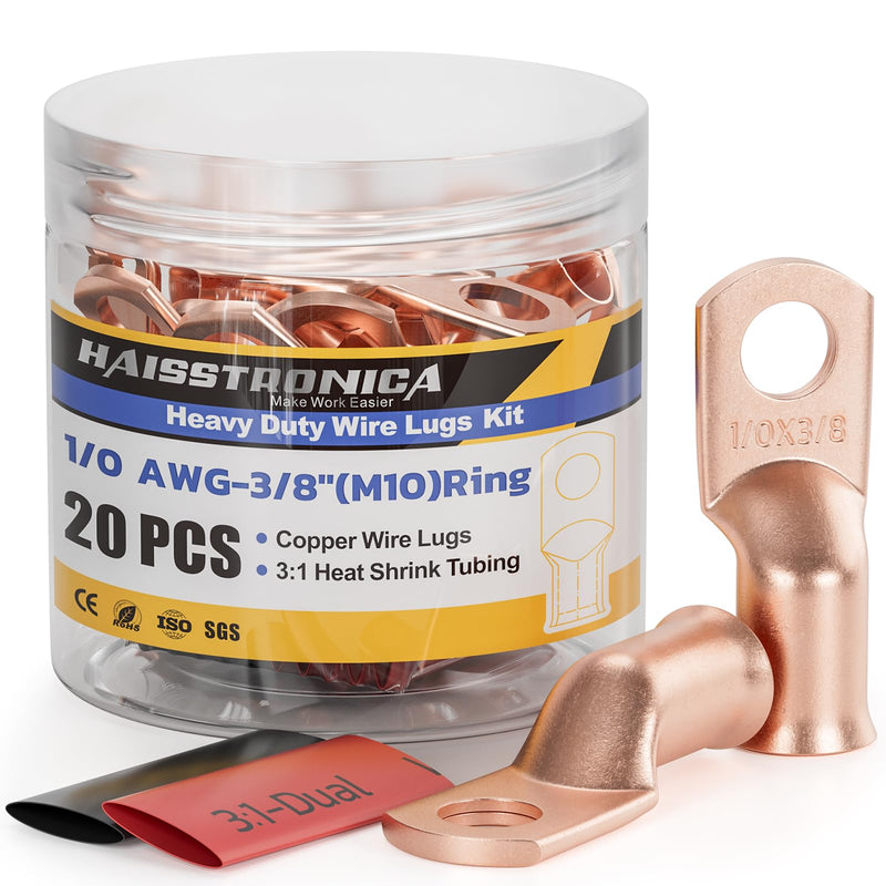 haisstronica 10pcs 1/0 AWG - 3/8"(M10) Battery Cable Lugs, Heavy Duty Copper Wire Lugs with 10pcs 3:1 Adhesive Heat Shrink Tubing, 1/0 Gauge Wire Lugs, Battery Terminal Connector, Battery Cable Ends 1/0 AWG- 3/8"(M10) Ring Bare Copper