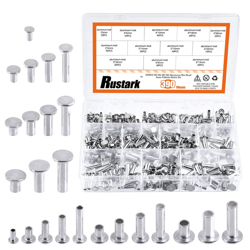 390Pcs M3 M4 M5 M6 Aluminum Flat Head Semi Tubular Rivets Assortment Kit Partial Hole Tubular Rivets Round Flat Head Semi Tubular Rivets Silver Tone for Household Industry Repair