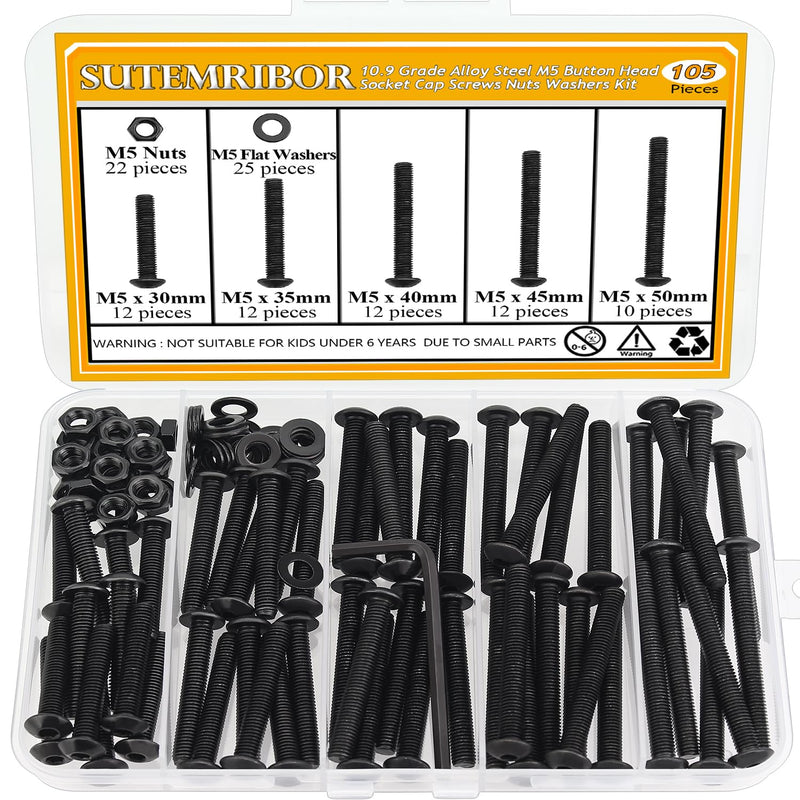 105 Pieces M5 x 30/35/40/45/50mm Button Head Socket Cap Screws Nuts Washers Set Black, Sutemribor M5 Long Screws, M5 Black Screws Nuts Washers Assortment Kit, 10.9 Grade Alloy Steel, Fully Threaded M5 Long Screws Kit