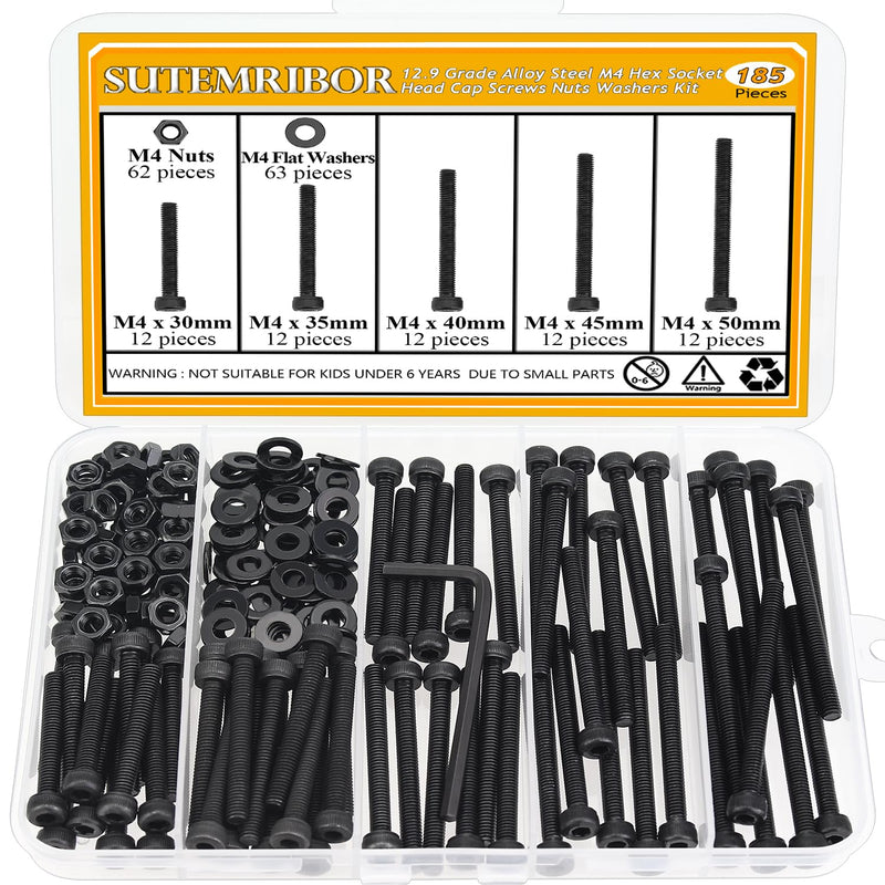 185 Pieces M4 x 30/35/40/45/50mm Hex Socket Head Cap Screws Nuts Washers Set Black, Sutemribor M4 Long Screws, M4 Black Screws Nuts Washers Assortment Kit, 12.9 Grade Alloy Steel, Fully Threaded M4 Long Screws Kit