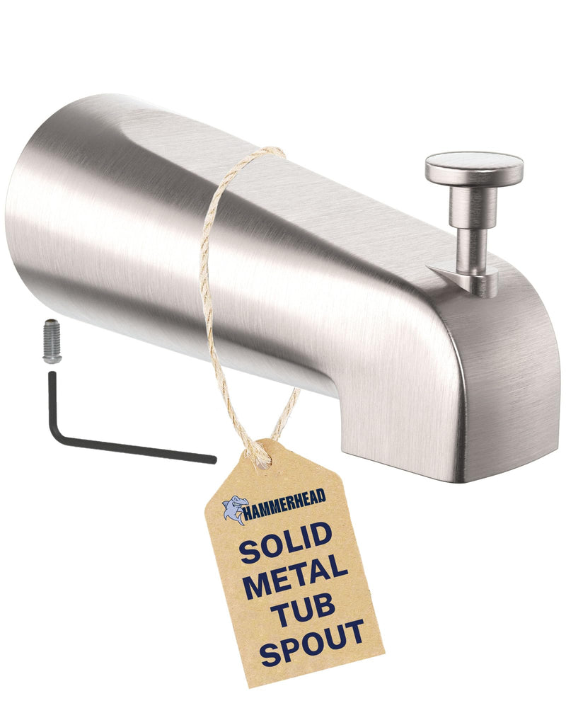 HammerHead Showers Solid Metal Tub Spout with Diverter, Slip On Bath Tub Spout for ½” Copper Pipe, Easy Install Bathtub Faucet, Brushed Nickel
