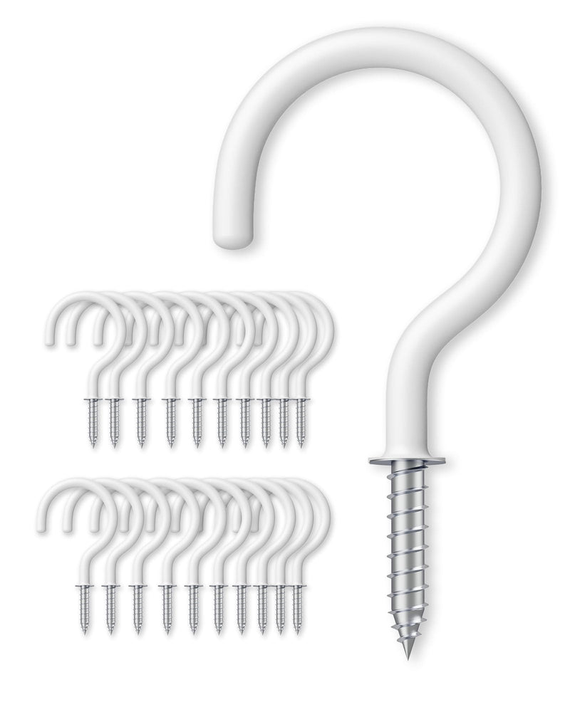 Ceiling Hooks – Vinyl Coated Screw Hooks – 1-1/2 Inches Cup Hooks – Screw-in Hooks – 20 Pack – White