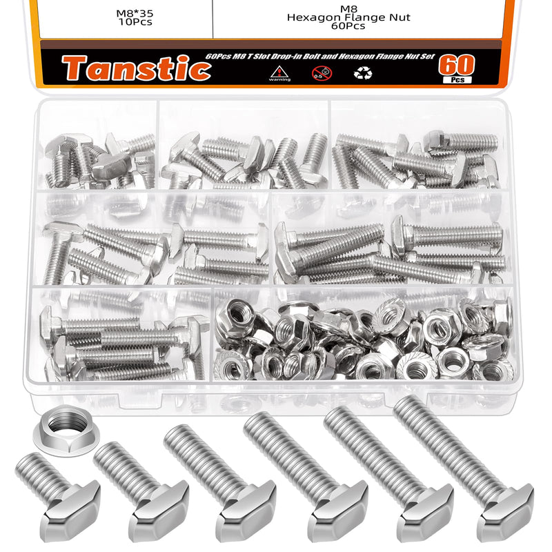 Tanstic 60 Sets M8 T Slot Drop-in Bolt Hammer Head Bolt T Shape Stud Sliding Screw for European Standard 40 Series Aluminum Profile