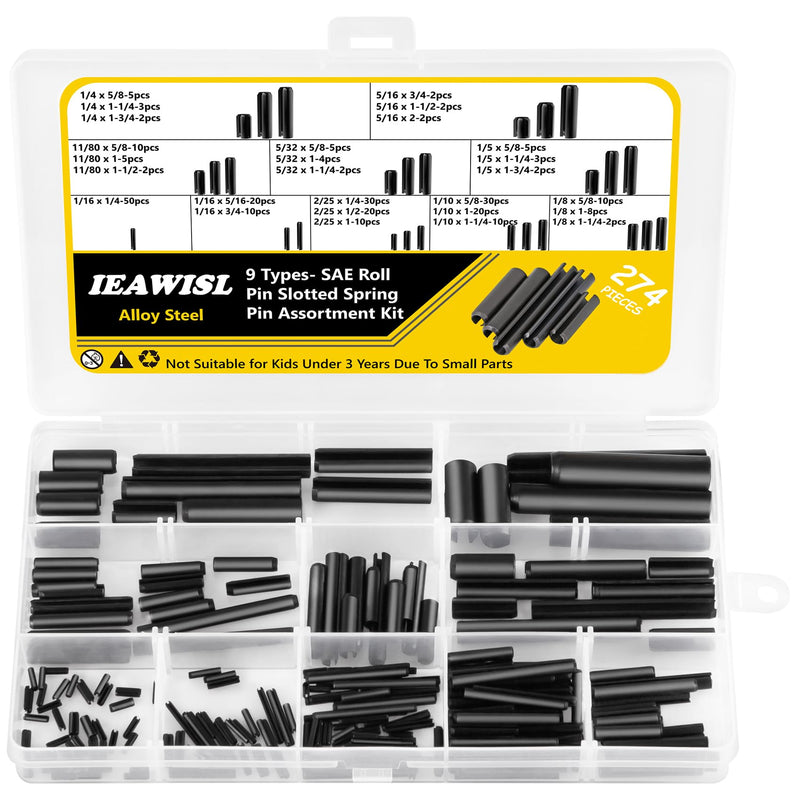 274pcs Roll Pins Assortment, 65Mn Steel Split Expansion Pins - 1/4, 5/16, 11/80, 5/32, 1/5, 1/16, 2/25, 1/10, 1/8, Black Roll Pins for Home Improvement Automotive Repair 274Pcs SAE Roll Pins