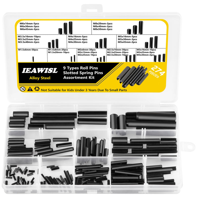 274 Pcs Roll Pin Set, Slotted Metric Roll Pins 65Mn Steel - M1.5 M2 M2.5 M3 M3.5 M4 M5 M6 M8 for Home Automotive Repair 274Pcs Metric Roll Pins