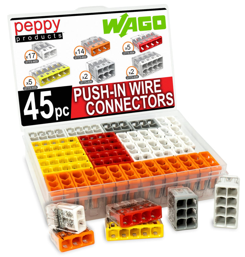 Wago 2773 Wall Nuts 45pc Push-in Wire Connector Assortment Kit with Case | Splicing for Solid and Stranded Electrical Conductors | 2773-402, 2773-403, 2773-404, 2773-405, 2773-406, 2773-408 45pc Kit