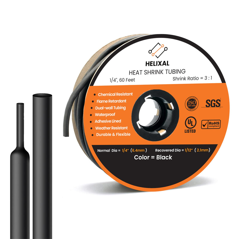 1/4" Heat Shrink tubing, 3:1 Wire Heat Shrink Tubing Industrial and Marine Grade, Dual Wall Adhesive Lined Wire Shrink Wrap Tubing, Waterproof Heat Shrink Tube - Black, 60 Feet Roll 1/4" - 60 Feet