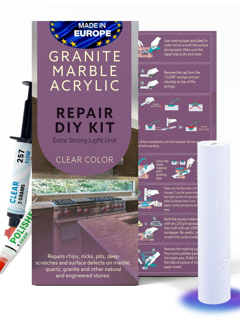 Quartz Countertop Repair Kit DIY (Clear Color + Polisher) - Made by Engineers I Also for Granite, Acrylic, Fiberglass, Porcelain, Tile & Ceramic Surfaces I Easy Process & Quick Result