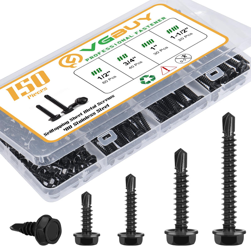 150Pcs Self Drilling Screws Assortment Kit, 410 Stainless Steel Self Tapping Sheet Metal TEK Screws, Black Zinc Plated, #8 1/2" 3/4" #10 1" 1-1/2", Hex Washer Head