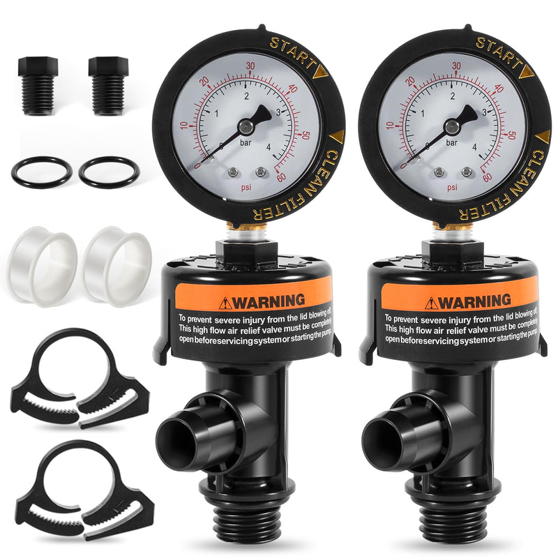 98209800 High Flow Manual Relief Valve/Air Relief Manual Valve Assembly with Pressure Gauge, Replacement for Pool and Spa Filter (2 PACK-98209800) 2 PACK-98209800