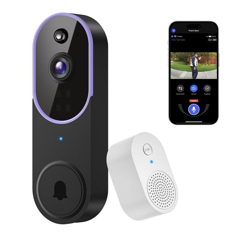 1080P Wireless Video Doorbell Camera, Smart Outdoor Surveillance Cam, FHD Live View, Cloud Storage, AI Human Detection, Instant Alert, Night Vision, Two Way Audio, 2.4G WiFi Only (Purple) Purple