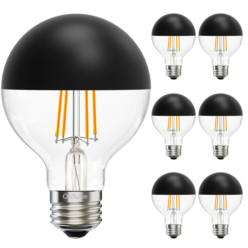 Half Chrome Light Bulb 6W (60W Equivalent), Dimmable Decorative LED Edison Bulb G80/G25, E26 3000K Soft White Globe Tipped Edison Bulbs, Globe Shape LED Bulb,E26 Base Pack of 6 G80-Black-6W-3000K