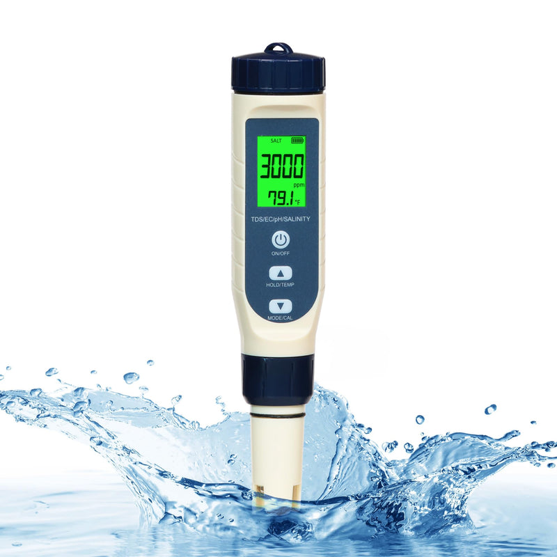 Pool Salt Tester & pH Meter - Digital Salt Water Pool Tester 5-in-1 Salinity pH Temp EC TDS Meter for Saltwater Pool, Hot Tub, Aquarium, Hydroponics, Drinking Water, High Accuracy Digital Pool Tester