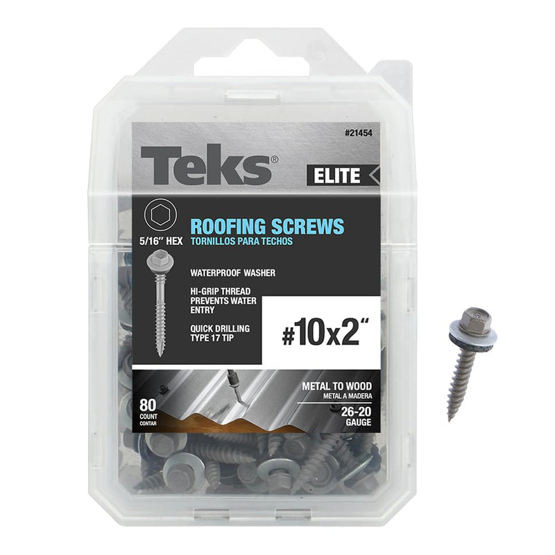 Teks 21454#10 x 2 HEX Washer Head Sharp PT Metal-to-Wood Elite Roofing Screws 80CT 80 count #10x2