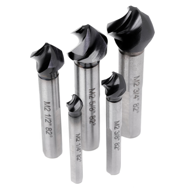 Countersink Drill Bit Set, 5 Pieces M2 High Speed Steel with 82 Degree, 3 Spiral Flutes, Tri-Flat Shank, Cutter Bit Countersink in Size 1/4" 3/8" 1/2" 5/8" 3/4" for Wood, Metal, Plastic... Countersink Set （5 PCS)