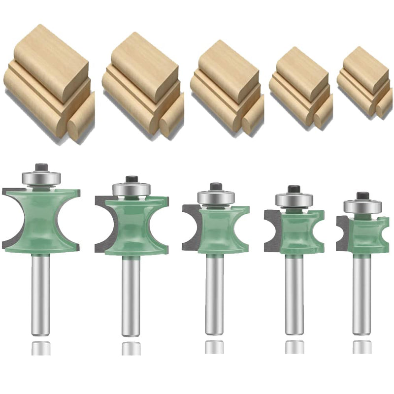 OLETBE 5 PCS Router Bit Set, 1/4-Inch Shank Round Over Panel Cabinet Door Rail and Stile Router Bits, Woodworking Wood Cutter, Wood Carbide Groove Tongue Milling Tool (Green) ST-B2