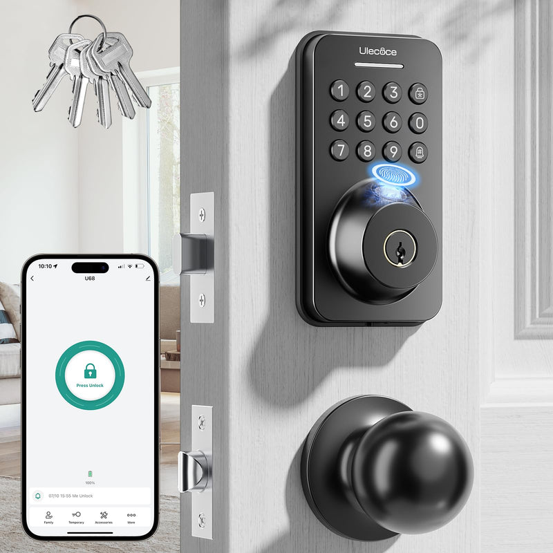 Fingerprint Keypad Deadbolt with Handle Set, Keyless Entry Door Lock, Door Locks for Front Door Lock Set, App Control, Auto Locking, Easy to Install, Matte Black