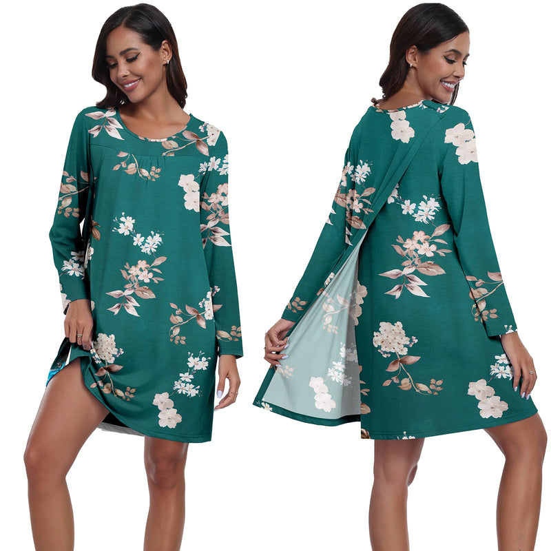 Deyeek Hospital Gowns for Women Tear Away Snap Long Sleeve Open Back Dress Nursing Gowns Post Shoulder Surgery Dress Green Print Large