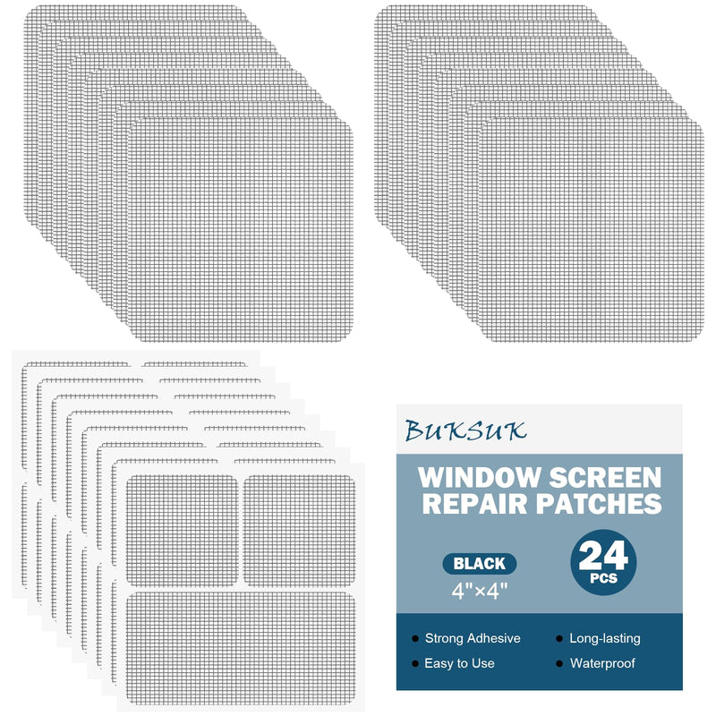 24 Sheets Window Screen Patches Repair Kit, 4 Sizes Window Screen Repair Tape, Strong Adhesive, Fiberglass Quick-Access (Black) Black-24Pcs(4"x 4")