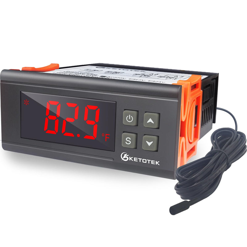 KETOTEK Digital Temperature Controller Fahrenheit &Centigrade Thermostat 120V 16A Relay with Sensor, Heating and Cooling for Homebrew Incubator Greenhouse Output: 16A