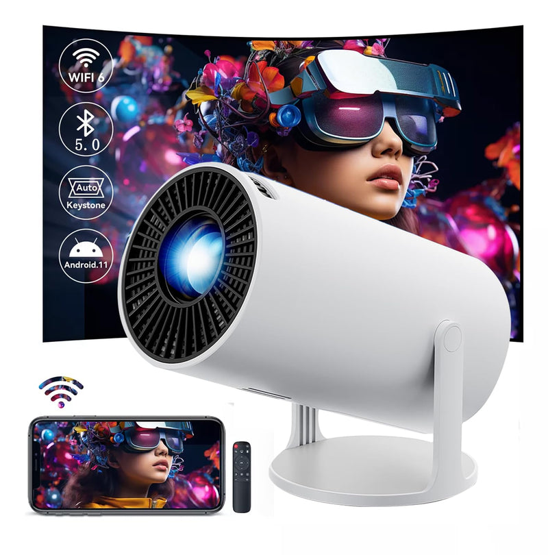 HY300 Projector with WIFI6 and Bluetooth, 4K 1080P Support with Android TV 11.0, Mini Portable Projector 180° Rotatable Movie Projector ,Auto Keystone Compatible for Laptop, PC, Smartphone White