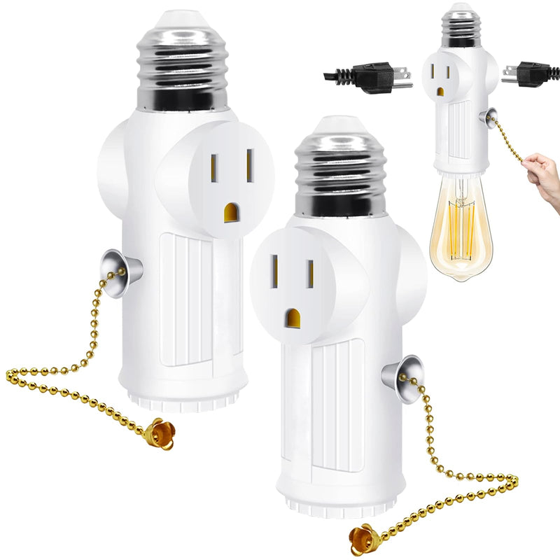 Light Socket to Plug Adapter,Convert E26 Light Socket to 3 Prong Outlet Adapter,Equipped with Bulb Control Switch,Polarized Light Socket Adapter Splitter,White,2 Pack White