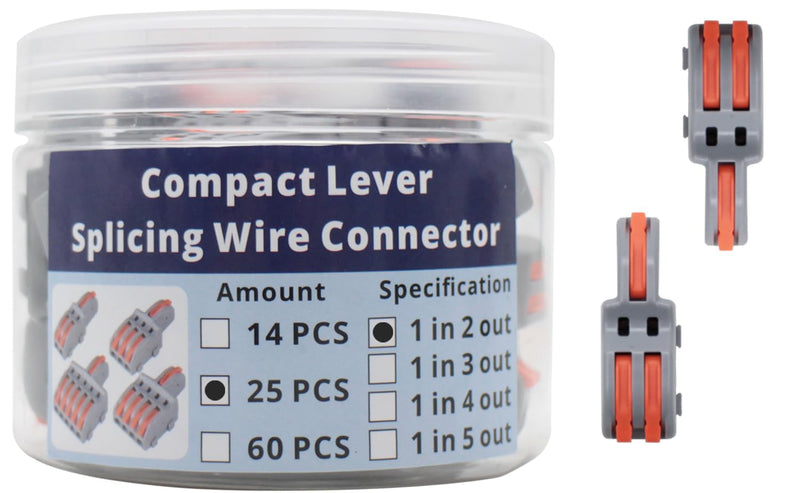 1 in 2 Out Lever Wire Connectors, 25 Pcs in Buckets of Compact Lever Splicing Wire Connectors Lever Wire Nuts in Gray 1 in 2 out