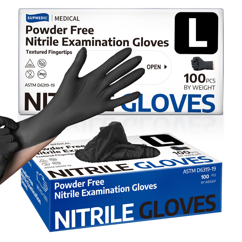 Medical Nitrile Exam Gloves, Black 3.5 mil Powder-Free Latex-Free Food Safe Cleaning Disposable Glove, 100 Pcs (Large) (Large Black 100)
