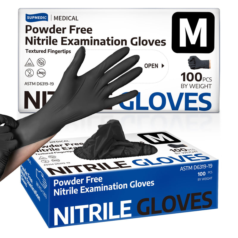 Disposable Nitrile Gloves, Chemical Resistant, Powder-Free Latex-Free, Food Safe, Medical Exam Gloves, Black 100 Pcs Medium (Black)