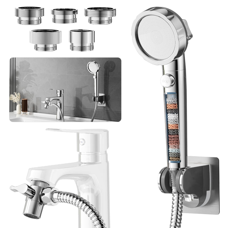 Sink Hose Sprayer Attachment for Faucet, 3 Mode Shower Head Attaches to Tub Faucet with 5 Adapters, High Pressure Shower Head for Bathtub Faucet, Handheld Shower Head with Filter (Chrome) Chrome