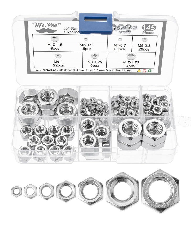 Mr. Pen- Metric Hex Nuts Assortment Kit, 145 pcs, Stainless Steel, Metric Nut Assortment 7 Sizes (M3 M4 M5 M6 M8 M10 M12), Hardware Nuts, Metric Nuts, Machine Nuts, M6 Nut, M3 Nuts, M8 Nut, M4 Nuts