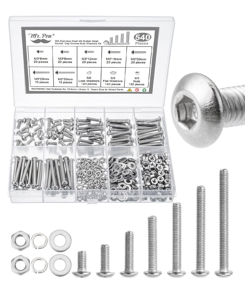 Mr. Pen- Nuts and Bolts Assortment Kit, 540 pcs, Stainless Steel, M3 Screws (7 Sizes 6-30mm)Button Head Socket Cap Screws Assorted Nuts and Bolts Nut Bolt and Washer Assortment Bolt and Nut Assortment