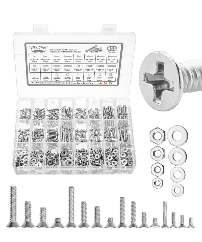Mr. Pen- Nuts and Bolts Assortment Kit, 900 pcs, Stainless Steel, Phillips Flat Head Assorted Nuts and Bolts, Nut Bolt and Washer Assortment, Bolt and Nut Assortment, Bolts and Nuts Kit