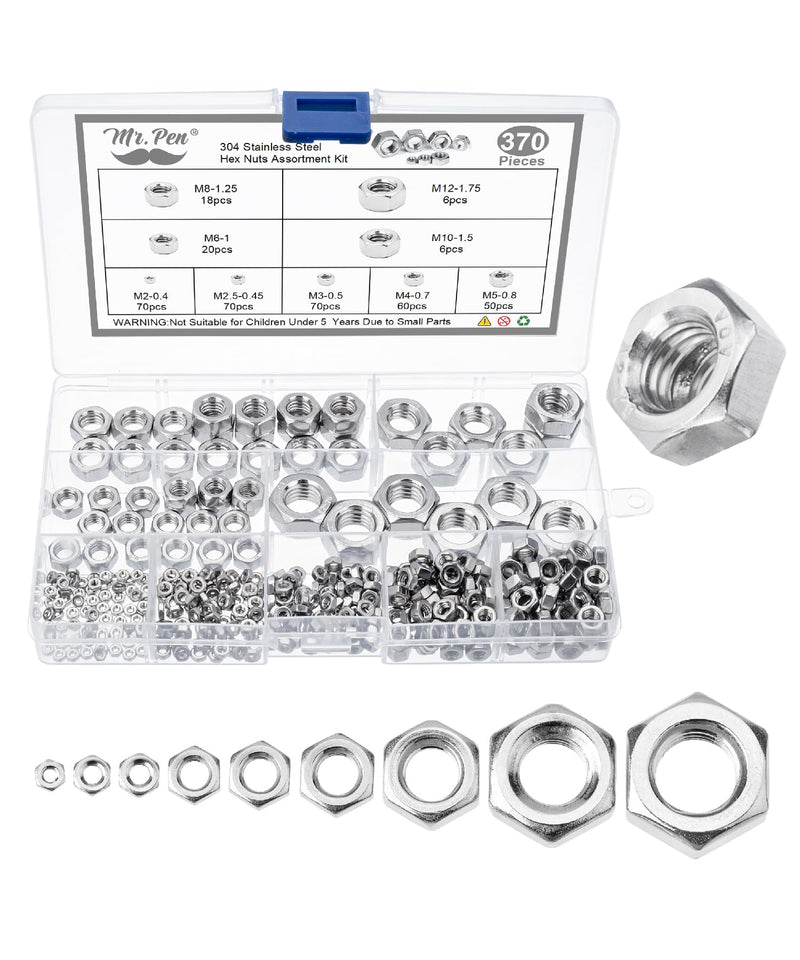 Mr. Pen- Metric Hex Nuts Assortment Kit, 370 pcs, Stainless Steel, Metric Nut Assortment 9 Sizes (M2 M3 M4 M5 M6 M8 M10 M12), Hardware Nuts, Metric Nuts, Machine Nuts, M6 Nut Set, M3 Nuts, M8 Nut
