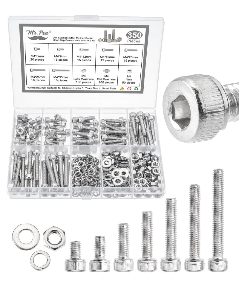 Mr. Pen- Nuts and Bolts Assortment Kit, 350 pcs, Stainless Steel, M4 Screws (7 Sizes 6-30mm), Hex Socket Head Cap Screws Assorted Nuts and Bolts Nut Bolt and Washer Assortment Bolt and Nut Assortment