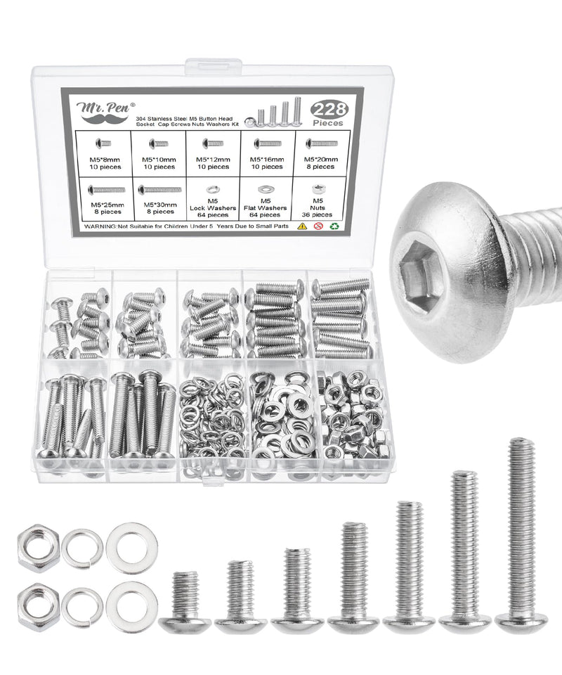 Mr. Pen- Nuts and Bolts Assortment Kit, 228 pcs, Stainless Steel, M5 Screws (7 Sizes 8-30mm)Button Head Socket Cap Screws Assorted Nuts and Bolts Nut Bolt and Washer Assortment Bolt and Nut Assortment