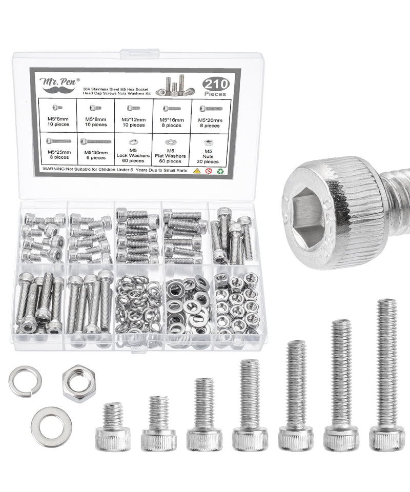 Mr. Pen- Nuts and Bolts Assortment Kit, 210 pcs, Stainless Steel, M5 Screws (7 Sizes 6-30mm) Hex Socket Head Cap Assorted Nuts and Bolts, Nut Bolt and Washer Assortment, Bolt and Nut Assortment
