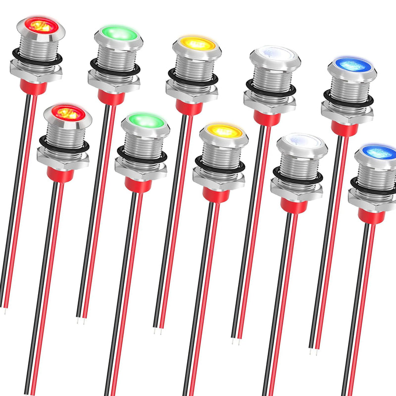 Led Metal Indicator Light 10MM Small12V Waterproof Signal Lamp 24 Volt Dash Lights Pre-Wired Industrial Electrical for Car Truck Boat Red Yellow Blue Green White (lkelyonewy)